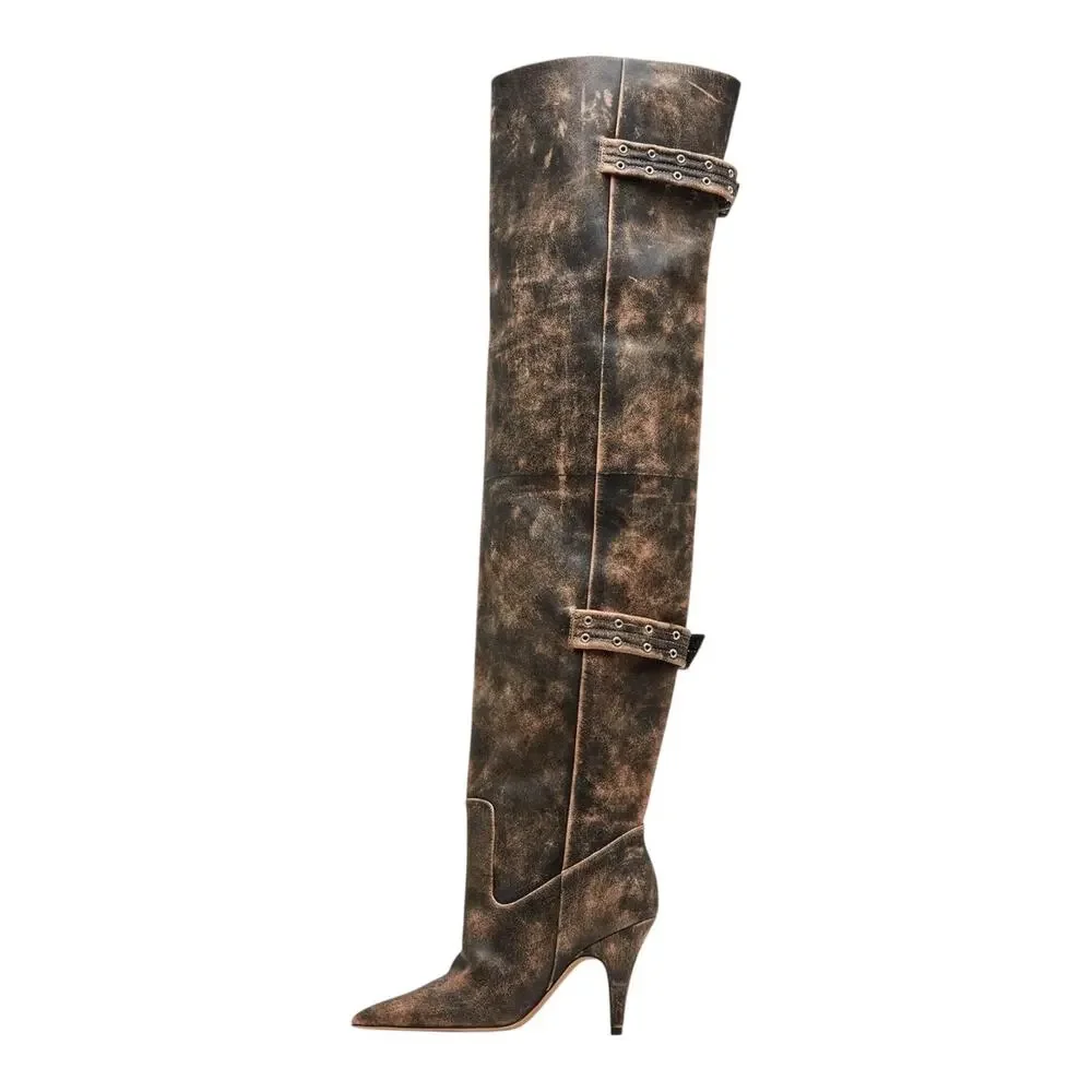 Steve Madden Women's Baddie Leather Over The Knee Boots Brown Distressed Size 8